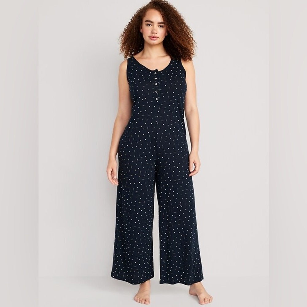 Old Navy Sunday Sleep Sleeveless Slub-Knit Henley Polka Dot Jumpsuit Size M Tall